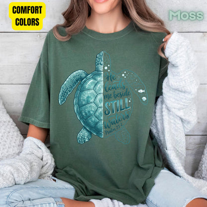 Christian Sea Turtle Psalm 23 T-Shirt, He Leads Me Beside Still Waters Faith Tee