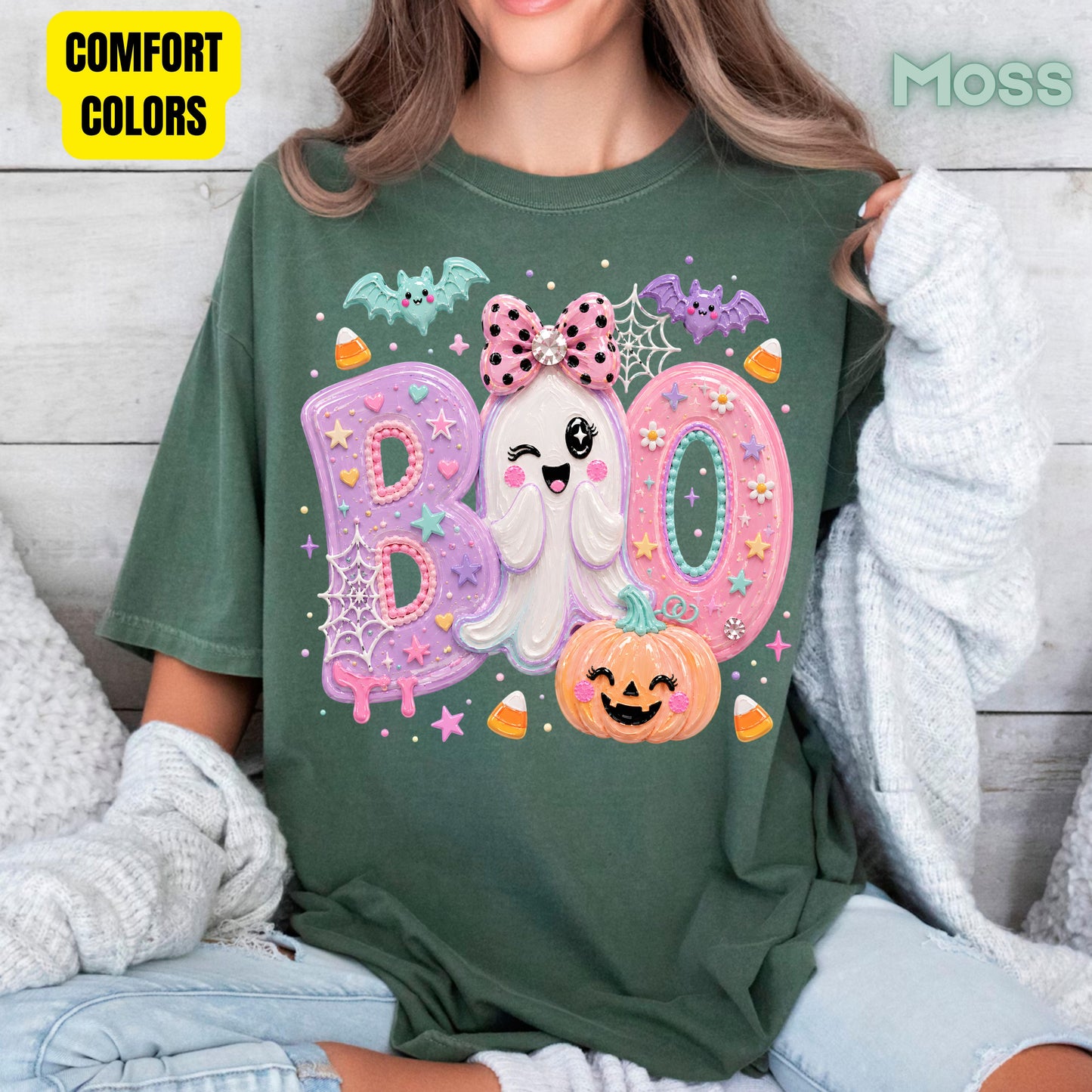 Pastel Cute Ghost Halloween Boo T-Shirt, Pink Purple Bow Pumpkin Candy Corn Girls Tee
