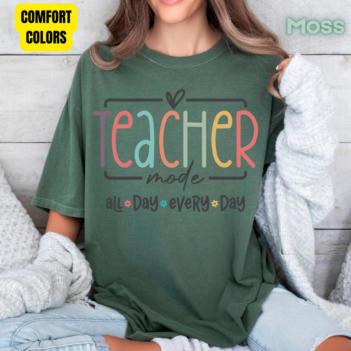 Teacher Mode All Day T-Shirt, Pastel Rainbow School Education Teacher Tee Sweatshirt
