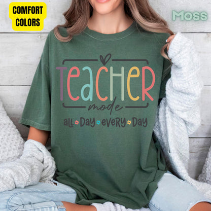 Teacher Mode All Day T-Shirt, Pastel Rainbow School Education Teacher Tee Sweatshirt