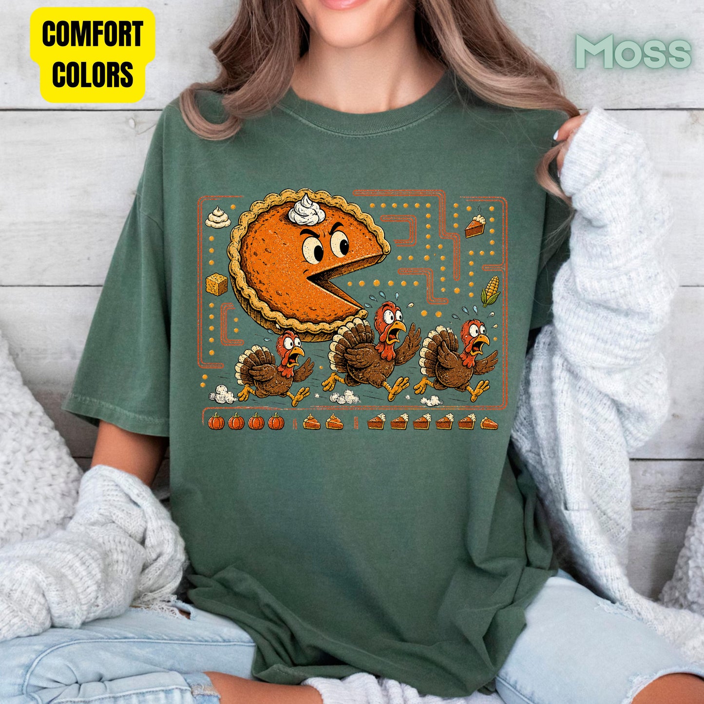 Funny Thanksgiving Pacman Pumpkin Pie T-Shirt, Chasing Turkeys Maze Video Game Tee