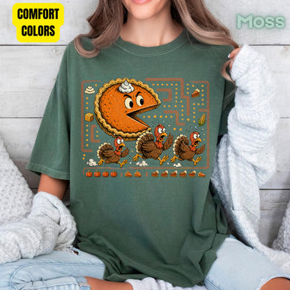 Funny Thanksgiving Pacman Pumpkin Pie T-Shirt, Chasing Turkeys Maze Video Game Tee