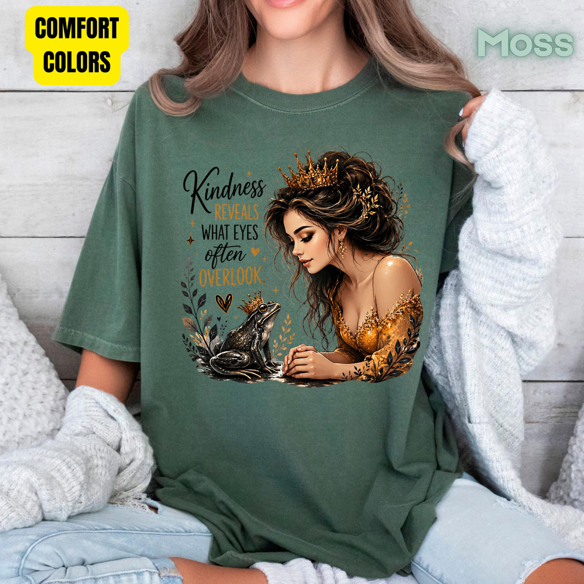 Inspirational Princess Frog Kindness Reveals Crown T-Shirt, Gold Dress Women Quote Tee