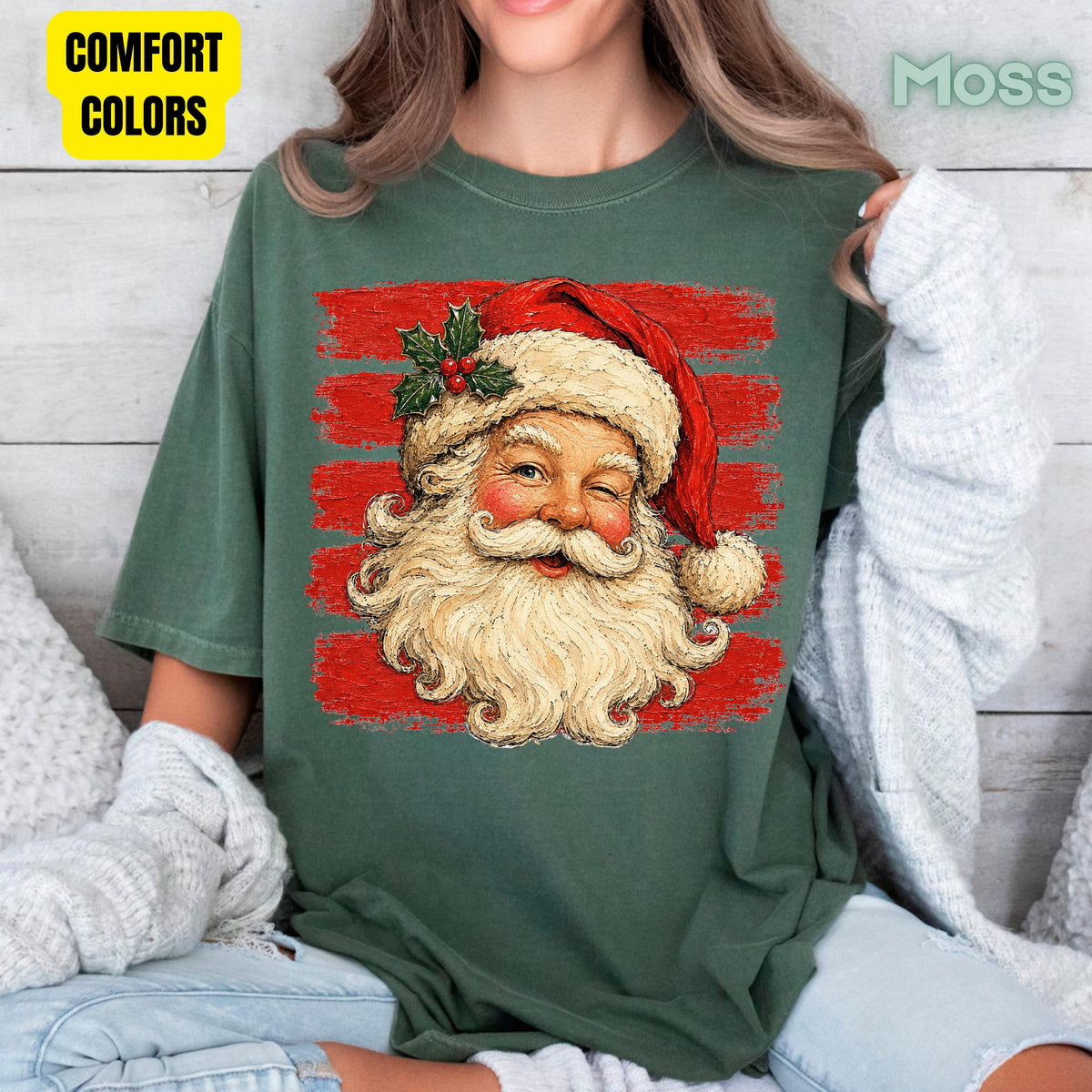 Vintage Winking Santa Christmas T-Shirt, Retro Red Stripes Nostalgic Holiday Comfort Color Tee