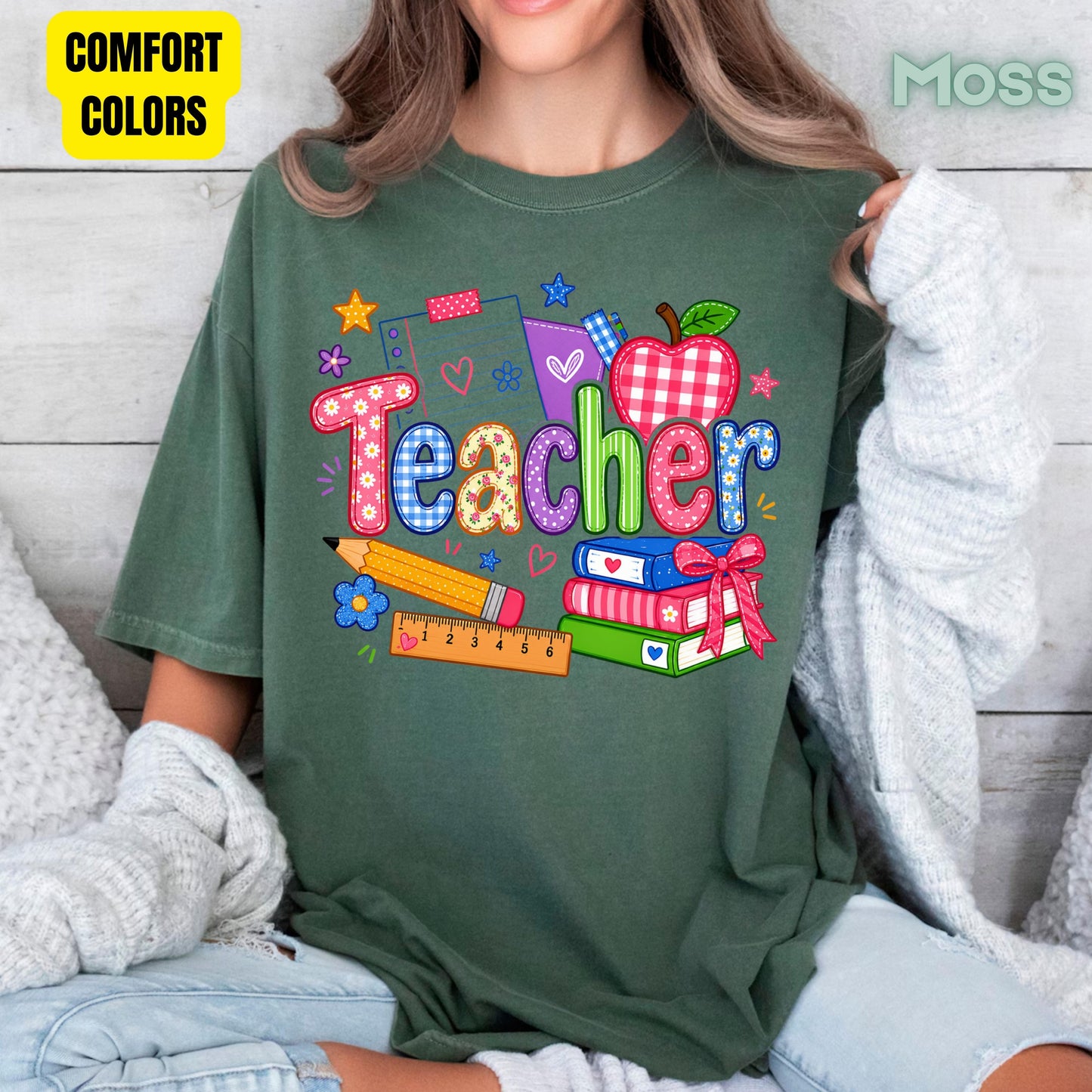 Teacher Apple Books Pencil T-Shirt, Colorful School Supplies Back to School Comfort Color Tee