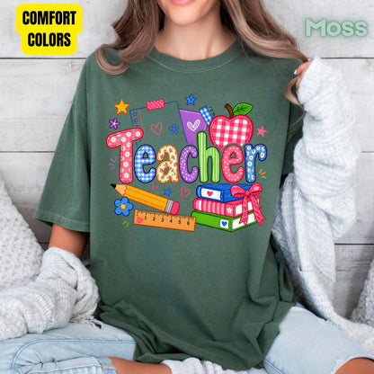 Teacher Apple Books Pencil T-Shirt, Colorful School Supplies Back to School Comfort Color Tee