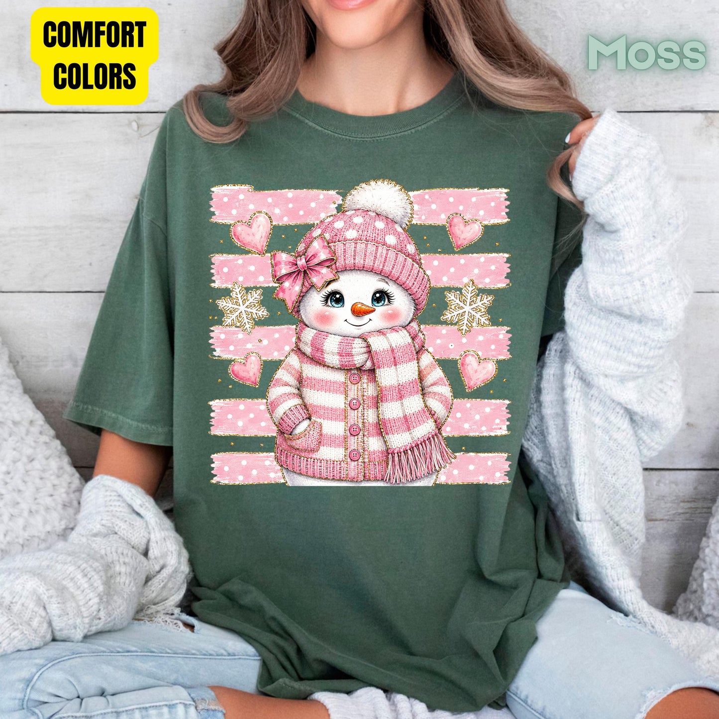 Cute Pink Snowgirl Winter T-Shirt, Snowman Beanie Bow Pink Stripes Hearts Tee