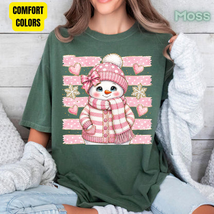 Cute Pink Snowgirl Winter T-Shirt, Snowman Beanie Bow Pink Stripes Hearts Tee