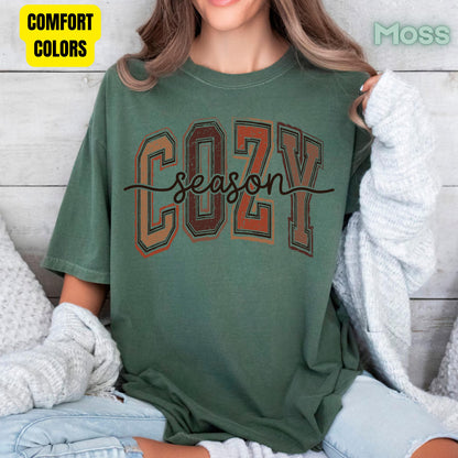 Cozy Season Fall T-Shirt, Distressed Varsity Letters Autumn Neutral Tones Tee
