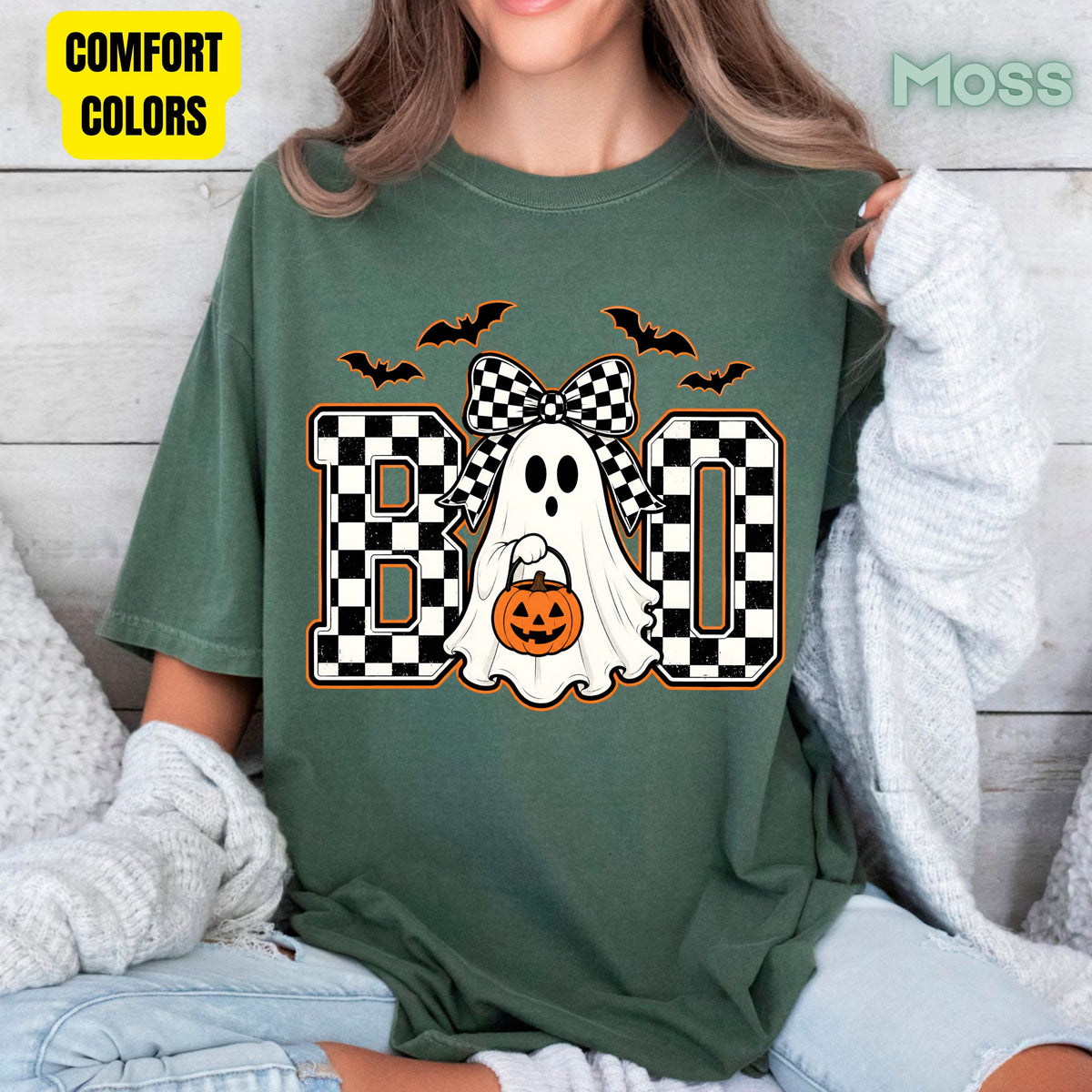 Boo Checkered Bow Ghost Halloween T-Shirt, Pumpkin Bucket Bats Retro Tee Sweatshirt
