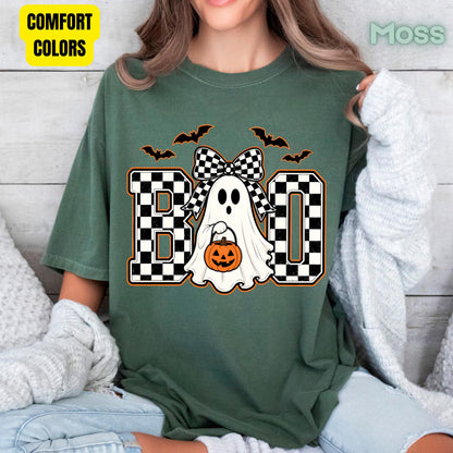 Boo Checkered Bow Ghost Halloween T-Shirt, Pumpkin Bucket Bats Retro Tee Sweatshirt