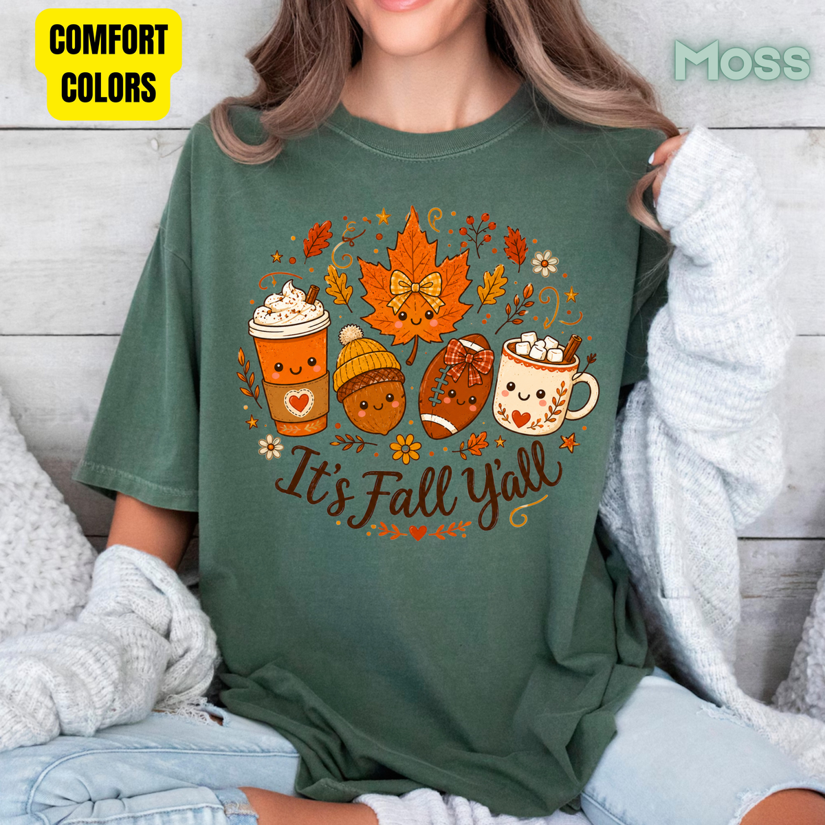 It's Fall Y'all Autumn T-Shirt, Coffee Acorn Football Cute Fall Season Tee