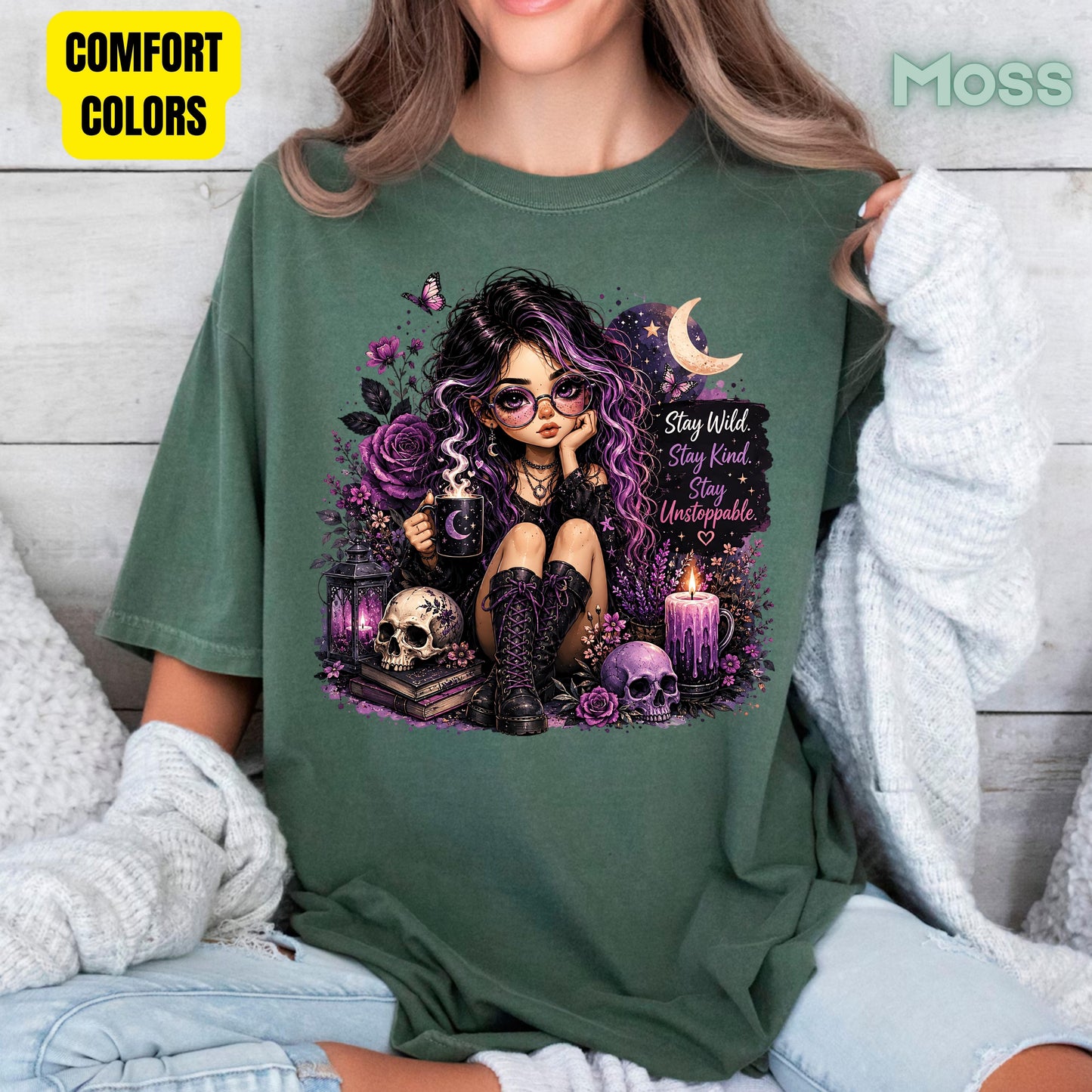 Stay Wild Stay Kind Goth Girl Skull T-Shirt, Purple Crescent Moon Witchy Tee