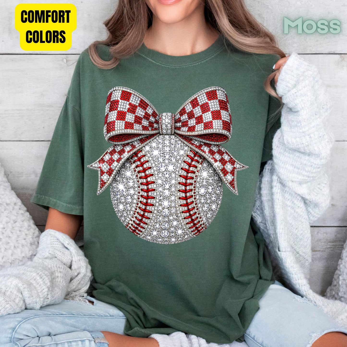 Coquette Baseball Sparkle T-Shirt, Red Checkered Bow Sports Mom Girl Tee