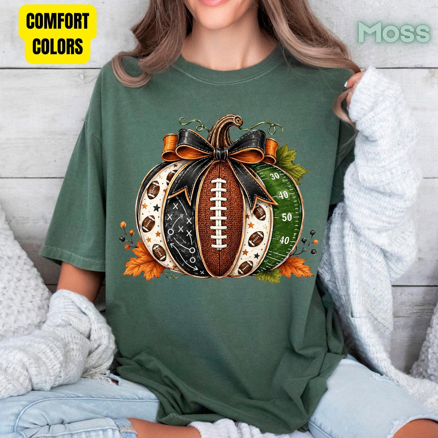 Football Pumpkin Bow Fall T-Shirt, Game Day Football Field Patchwork Autumn Tee