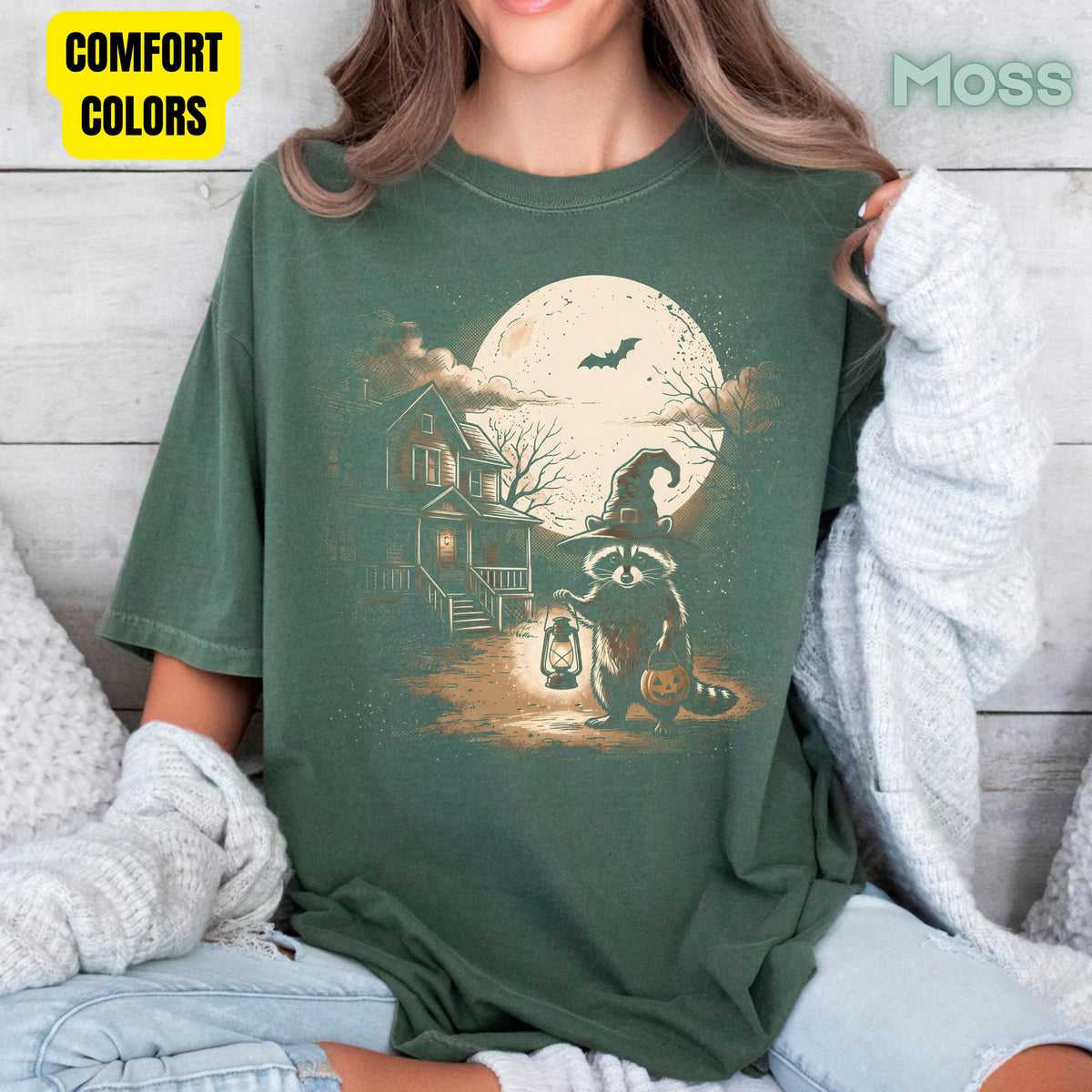 Vintage Halloween Mouse Witch T-Shirt, Full Moon Pumpkin House Sepia Trick or Treat Spooky Fall Tee