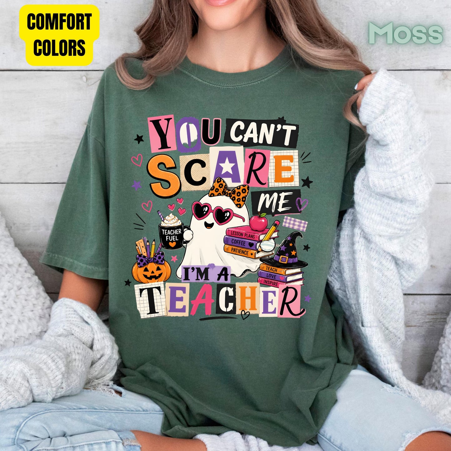 You Can't Scare Me Teacher Halloween T-Shirt, Ghost Books Coffee Comfort Color Tee