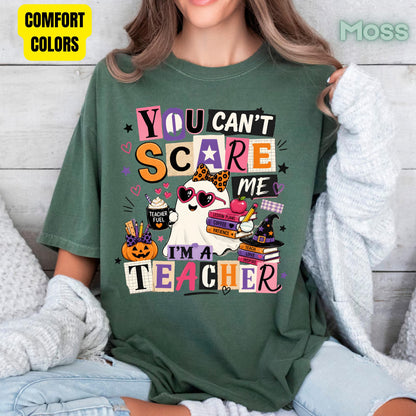 You Can't Scare Me Teacher Halloween T-Shirt, Ghost Books Coffee Comfort Color Tee