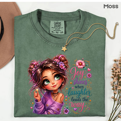 Joy Shines Laughter Space Buns Girl T-Shirt, Cute Floral Quote Tee