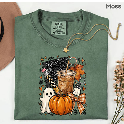 Spooky Teacher Comfort Colors T Shirts Cute Halloween Back To School Tee Pumpkin Iced Coffee Ghost Composition Notebook Shirt Fall Graphic Sweater