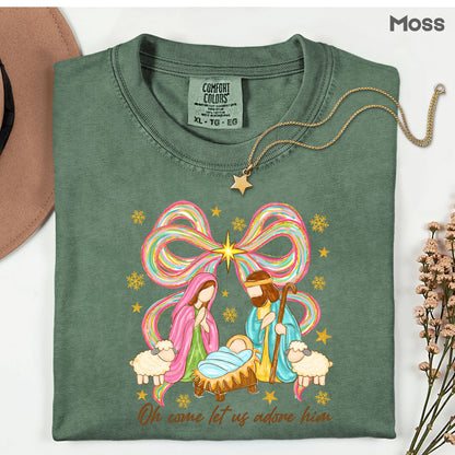 Nativity Comfort Colors T Shirts Oh Come Let Us Adore Him Tee Colorful Bow Christmas Cute Scene Shirt Religious Holy Night Graphic sweatshirt