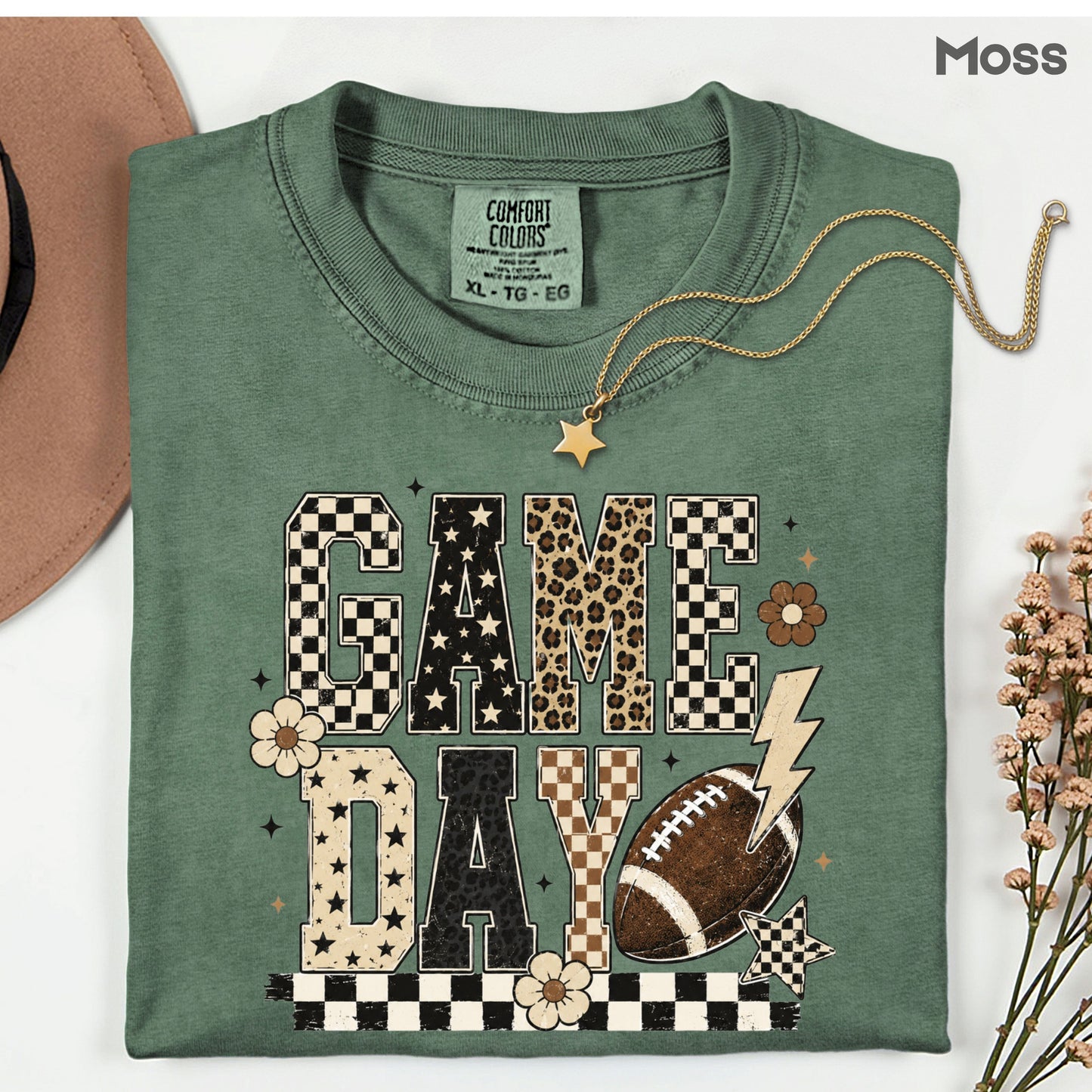 Game Day Leopard Football T-Shirt, Checkered Lightning Bolt Retro Western Tee Sweatshirt