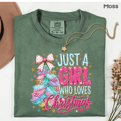 Just A Girl Who Loves Christmas Comfort Colors T Shirts Cute Colorful Christmas Tree Tee Pastel Pink Holiday Graphic Shirt Winter Hoodie