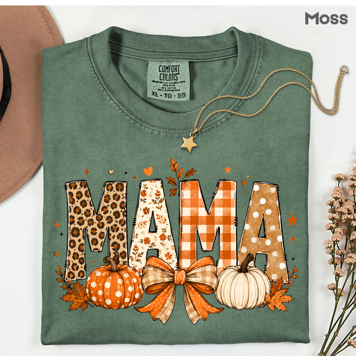 Fall Mama Pumpkin Leopard Plaid T-Shirt, Varsity Letters Autumn Leaves Bow Thanksgiving Mom Tee