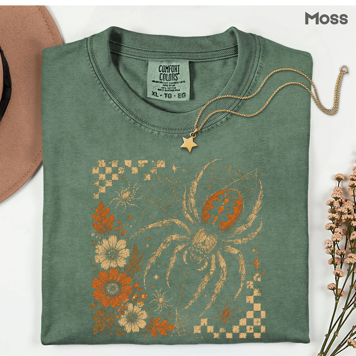 Vintage Fall Halloween Spider T-Shirt, Floral Spiderweb Checkered Spooky Season Tee
