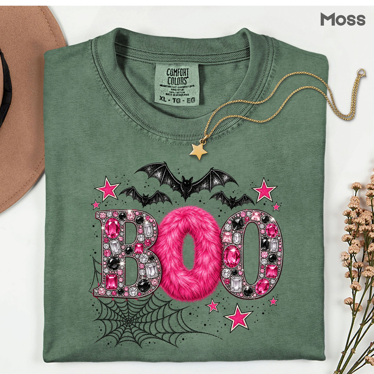 Boo Pink Glitter Bats Halloween T-Shirt, Spider Web Sparkle Comfort Color Tee