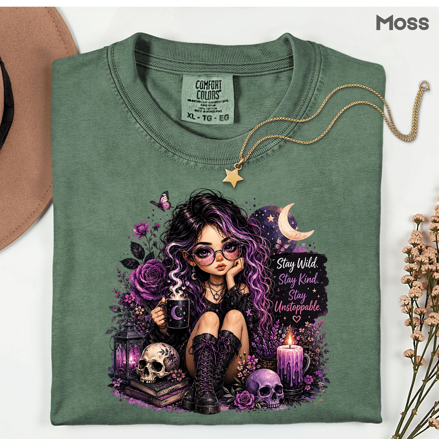 Stay Wild Stay Kind Goth Girl Skull T-Shirt, Purple Crescent Moon Witchy Tee