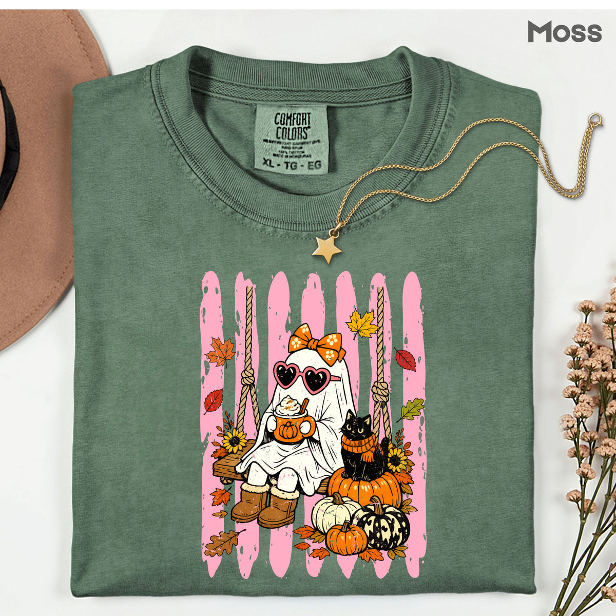 Pink Halloween Ghost Comfort Colors T Shirts Cute Spooky Swing Tee Pumpkin Spice Latte Black Cat Shirt Autumn Fall Graphic Hoodie