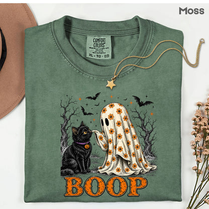 Halloween Cute Ghost Boop Black Cat T-Shirt, Floral Sheet Bats Spooky Season Tee