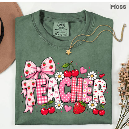 Teacher Coquette Pink T-Shirt, Strawberries Cherries Bow School Educator Tee