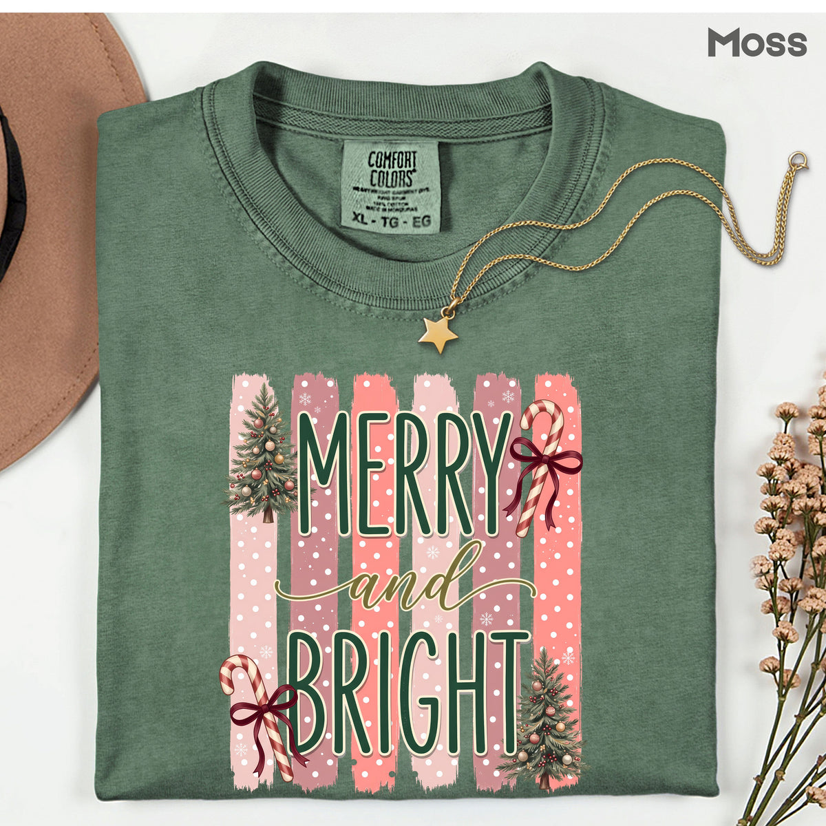 Merry and Bright Comfort Colors T Shirts Cute Christmas Tree Tees Pink Candy Cane Shirt Festive Holiday Winter Graphic Hoodie
