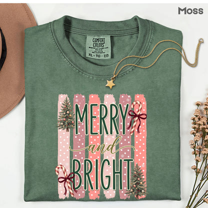 Merry and Bright Comfort Colors T Shirts Cute Christmas Tree Tees Pink Candy Cane Shirt Festive Holiday Winter Graphic Hoodie