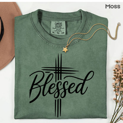 Blessed Cross Christian T-Shirt, Script Cursive Faith Minimalist Religious Tee Sweatshirt