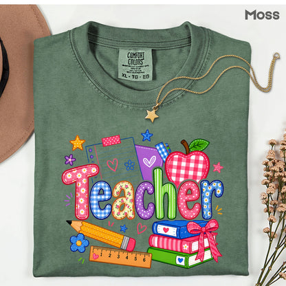 Teacher Apple Books Pencil T-Shirt, Colorful School Supplies Back to School Comfort Color Tee