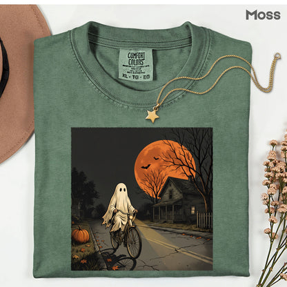 Ghost Riding Bike Halloween T-Shirt, Haunted House Orange Harvest Moon Tee Sweatshirt