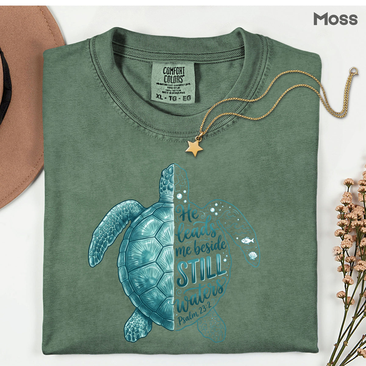 Christian Sea Turtle Psalm 23 T-Shirt, He Leads Me Beside Still Waters Faith Tee