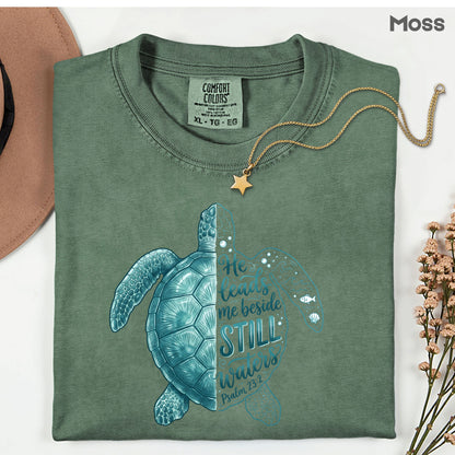 Christian Sea Turtle Psalm 23 T-Shirt, He Leads Me Beside Still Waters Faith Tee