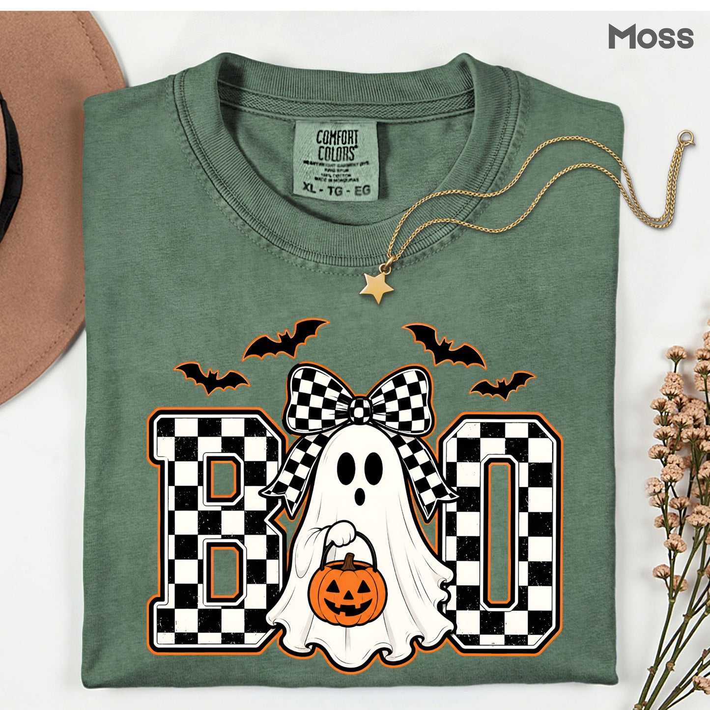 Boo Checkered Bow Ghost Halloween T-Shirt, Pumpkin Bucket Bats Retro Tee Sweatshirt