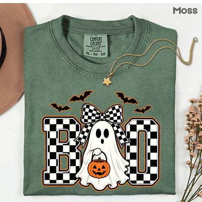 Boo Checkered Bow Ghost Halloween T-Shirt, Pumpkin Bucket Bats Retro Tee Sweatshirt