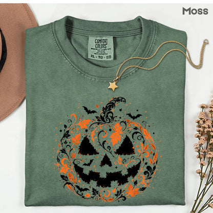 Halloween Pumpkin Face Floral Swirl Gothic T-Shirt, Intricate Spooky Pumpkin Tee