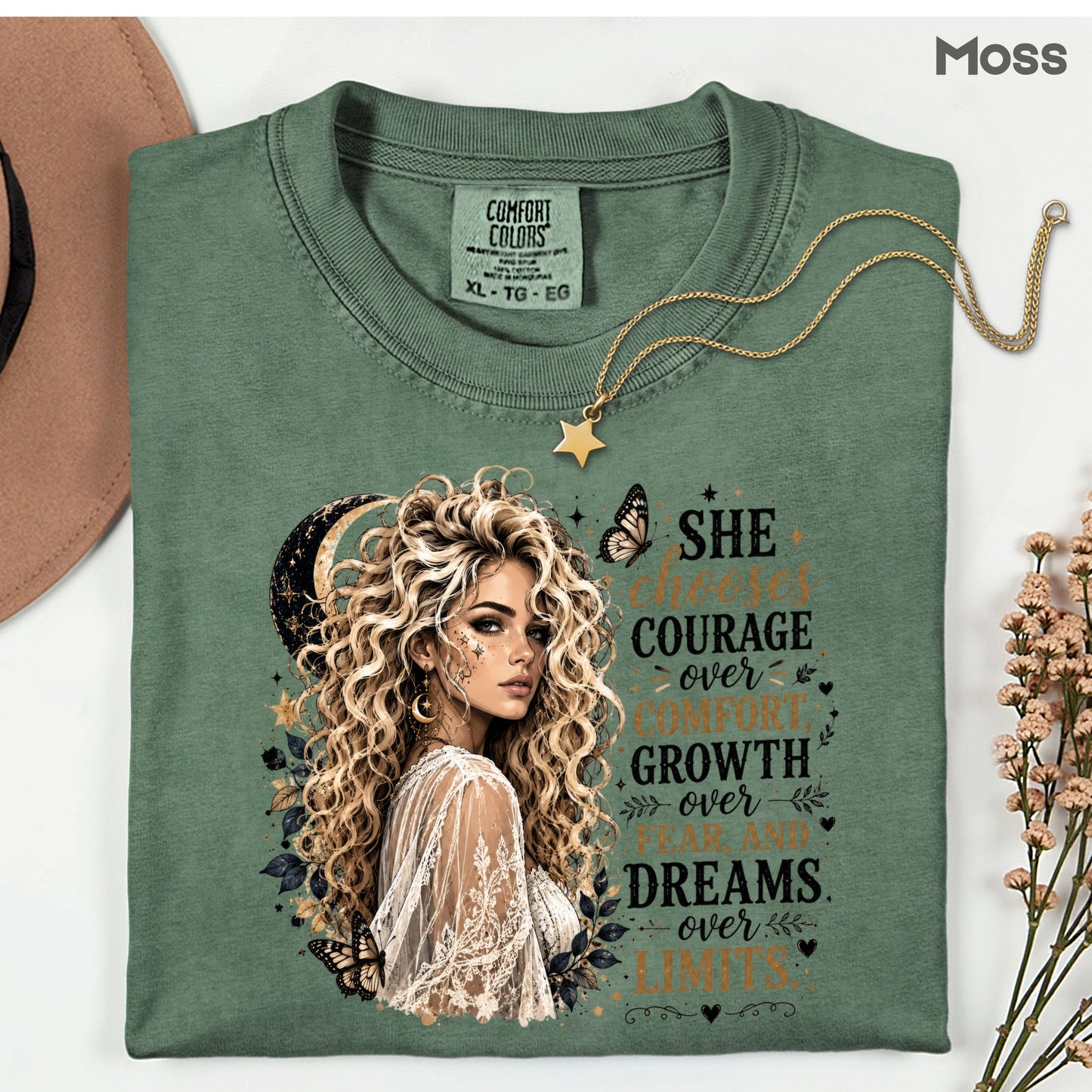 She Chooses Courage Inspirational T-Shirt, Blonde Woman Butterfly Crescent Moon Tee Sweatshirt