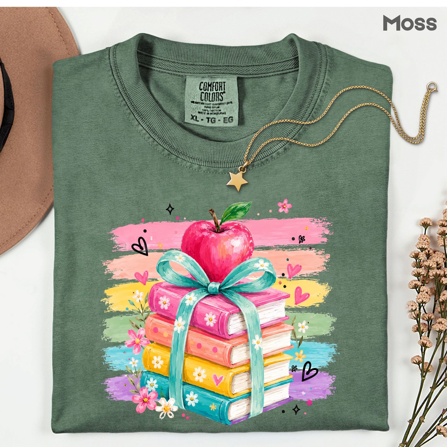 Coquette Stacked Books Teacher T-Shirt, Apple Ribbon Colorful Brushstrokes Comfort Color Tee
