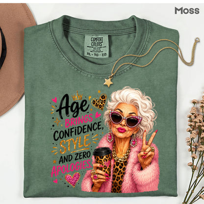 Age Brings Confidence Senior Woman T-Shirt, Fabulous Glam Leopard Coffee Comfort Color Tee