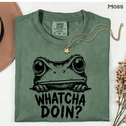 Whatcha Doin Frog Funny Peeking T-Shirt, Black White Cute Frog Tee