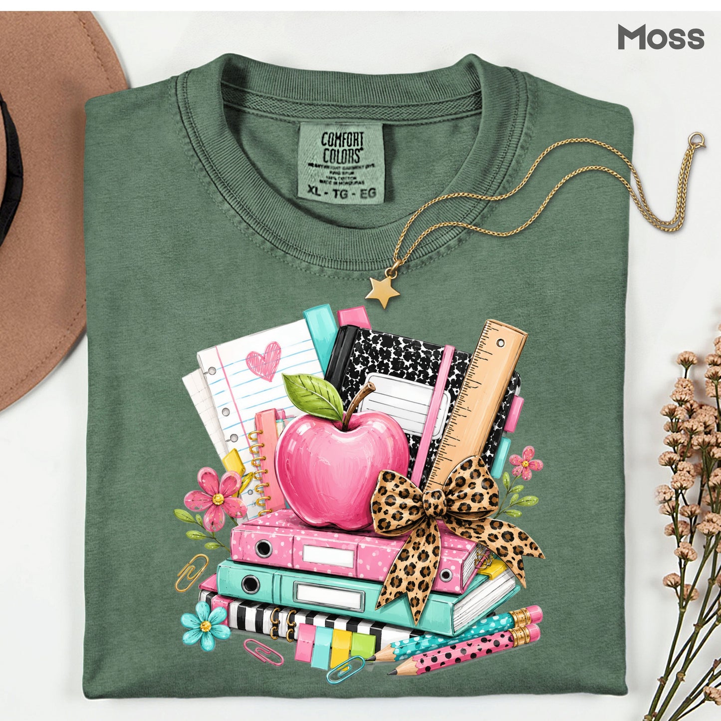 Pink Apple School Supplies T-Shirt, Books Leopard Bow Back to School Teacher Tee