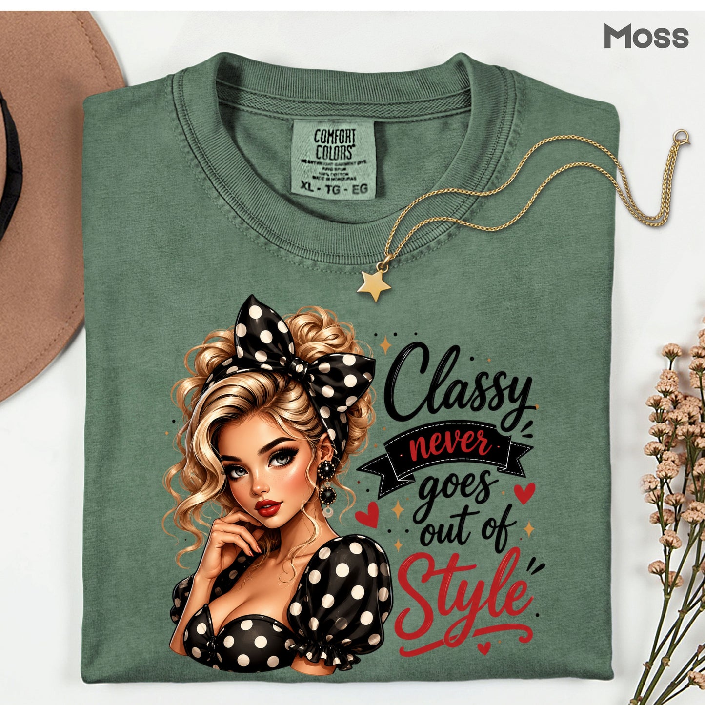 Classy Never Goes Out of Style Pinup Girl T-Shirt, Vintage Polka Dot Bow Tee Sweatshirt